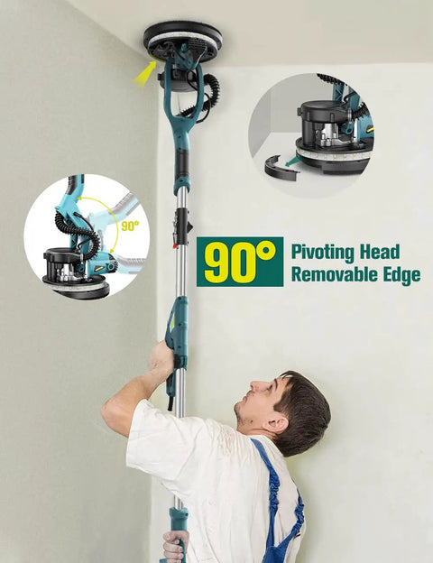 Using Drywall Sander With Vacuum And LED Light 5 Speed Settings 900 To 1800 RPM Foldable Retractable Head 90 Degree Pivot
