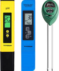 All-In-One Digital pH Meter With TDS EC Temperature, Soil Moisture And Light Tester For Home, Garden And Hydroponics in yellow, blue, green colors.