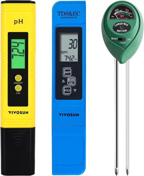 All-In-One Digital pH Meter With TDS EC Temperature, Soil Moisture And Light Tester For Home, Garden And Hydroponics in yellow, blue, green colors.