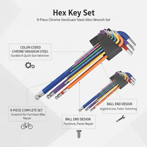 Solid 9-Piece Hex Key Set Crafted From Tough Chrome Vanadium Steel For Easy Bike Repair Furniture Assembly And Household Fixes That Get The Job Done Right. 9-piece color-coded allen wrench set with ball ends and storage holder
