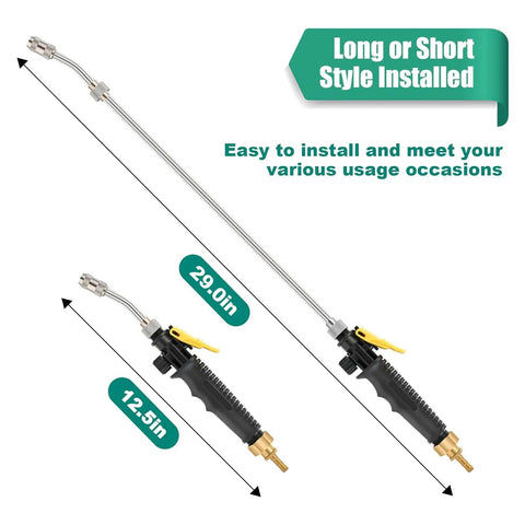 Stainless Steel Garden Sprayer Wand With Adjustable Nozzle 29 Inch Universal Three Eighths Inch Hose Fittings Turn Nozzle For Mist Or Jet Spray Includes Shut Off Valve Durable Replacement Wand, long and short configurations shown