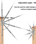 Cable Railing Hardware Kit For 1 Eighth Inch Stainless Steel Cables, Adjustable 0 To 180 Degree Angles, mounted on wood post