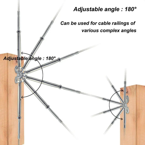 Cable Railing Hardware Kit For 1 Eighth Inch Stainless Steel Cables, Adjustable 0 To 180 Degree Angles, mounted on wood post