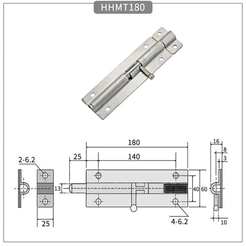 Heavy Duty 304 Stainless Steel Door Bolt Buckle For Home Safety And Security Plus Indoor Spring Hinge Pin Set dimensions and design.