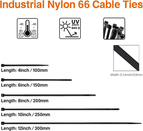 Heavy Duty Zip Ties 700 Pack Black Assorted Sizes 12, 10, 8, 6 and 3.6 Inch Self Locking Nylon Cable Ties for Home Office Garden Workshop Cord Management 40 Lbs Tensile Strength
