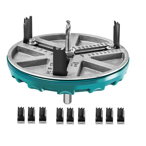 Kick It Up A Notch With This Badass Adjustable Hole Saw Kit And 12 Tough Blades For Wood Plastic Projects, Cutting Holes From 1.8 To 5 Inches With Smooth Aluminum Alloy Construction That Slays Any Job Site Task. adjustable hole saw kit with 12 blades, aluminum alloy, shown with drill bit