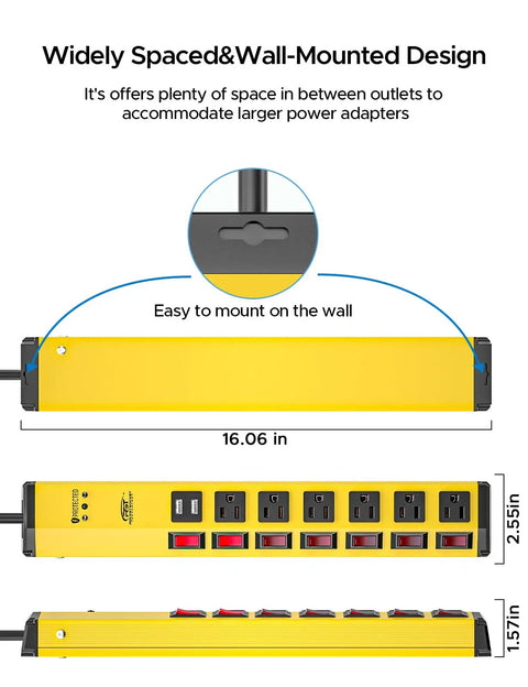 Beefy Heavy Duty Metal Power Strip With Six Outlets And Two USB Ports Up To 3.4A, wall-mounted design, measurement details shown