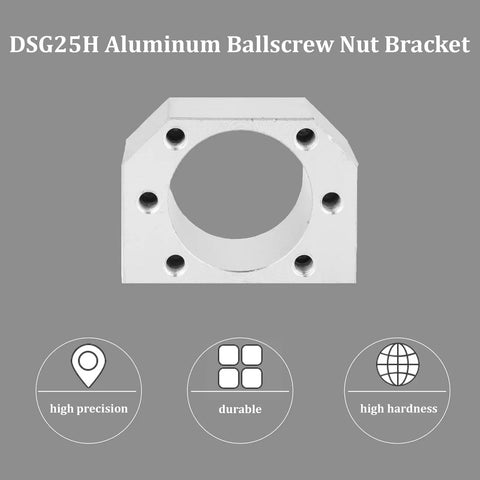 DSG25H Aluminum Ball Screw Nut Housing Bracket for SFU 2505 and SFU 2510 front view, CNC router use, precise fit, rust resistant