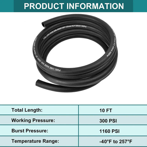 1/4 Inch ID Fuel Line Hose 10 Ft Marine Grade High Pressure 300 PSI With 10 Hose Clamps For Automotive Fuel System Engines Oil And Heat Resistant NBR Hose Built Tough For Marine And Car Use coiled with specifications
