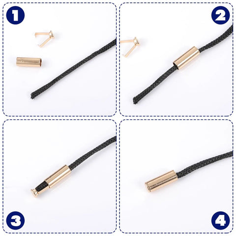 Gold Alloy Shoelace Tips 10 Pack With Cylindrical Aglets And V Shaped Grippers End Caps setup on black lace