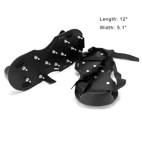 1 Pair Spiked Lawn Aeration Shoes With 1-Inch Spikes For Easy Lawn Aeration And Epoxy Floor Overlays Installation Unisex Durable Polypropylene With Snap Lock Buckle Black, showing black soles with spikes.
