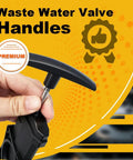 Hand holding 2 Pack RV Waste Water Valve Handles Replacement Compatible With Camco, T-shape plastic handle with curved grip close-up.