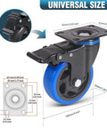 4 Inch Heavy Duty Caster Wheels Set Of Four With Dual Locking Brakes showing measurements and details for smooth rolling up to 2200 lbs capacity.