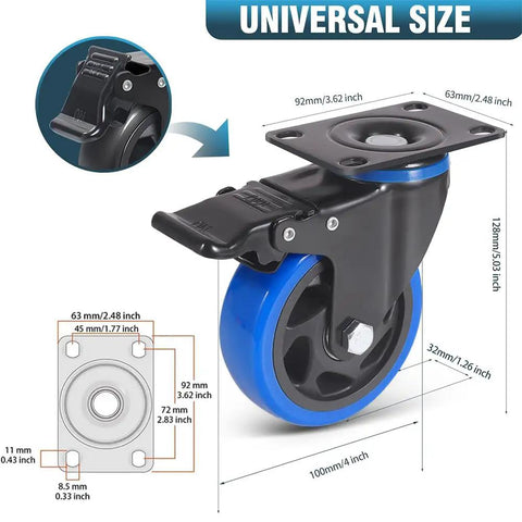 4 Inch Heavy Duty Caster Wheels Set Of Four With Dual Locking Brakes showing measurements and details for smooth rolling up to 2200 lbs capacity.