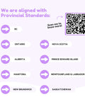 Map showing alignment with provincial standards in Canada, includes QR code for more information.