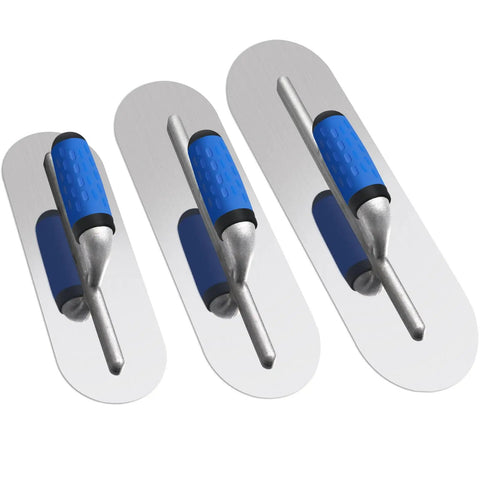 Pro Grade Three Piece Stainless Steel Concrete Trowel Set With 16 By 4 Inch 14 By 4 Inch And 12 By 4 Inch Flat Finishing Trowels