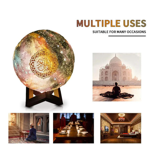 Moon Quran Speaker Lamp With Bluetooth, Starry Night Quran Lamp shown with diverse usage settings including prayer and meditation.