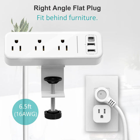 Clamp On Desk Power Strip With USB C Three Outlets Desktop Mount 6.5 Ft Extension Cord White Finish Easy Cable Management