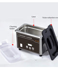 Awesome Digital Ultrasonic Cleaner Machine With Stainless Steel Basket That Cleans Dentures Watches Glasses Like A Charm 35W Power 800ml Capacity Heats Up For Super Clean Results Every Time showing cleaning basket and noise reduction cover.