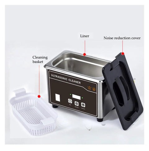 Awesome Digital Ultrasonic Cleaner Machine With Stainless Steel Basket That Cleans Dentures Watches Glasses Like A Charm 35W Power 800ml Capacity Heats Up For Super Clean Results Every Time showing cleaning basket and noise reduction cover.