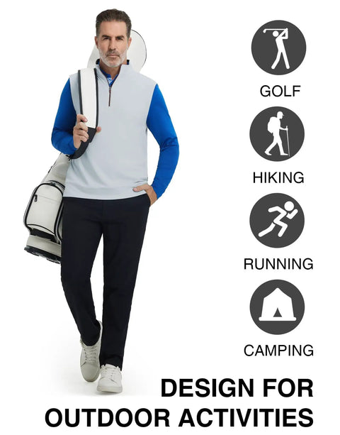 Man wearing Stretchy Golf Vest For Men Lightweight Breathable Quick Dry Stand Collar Quarter Zip Pullover With Windproof Flap