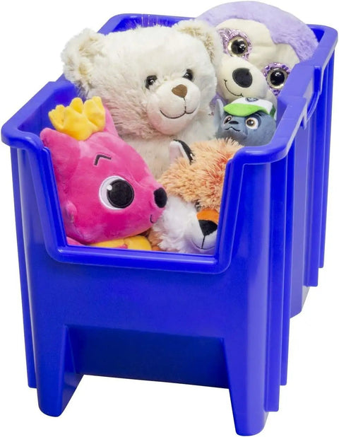 Open Front Stackable Storage Bins For Garage And Home Organization, Heavy Duty Plastic Organizer Set In Blue 4 Pack with toys inside