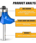 Top Shelf 7 Piece 1/4 Inch Shank Roundover Router Bit Set Featuring Razor Sharp Micrograin Carbide Cutters showing blue bit with rail bearing.