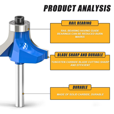 Top Shelf 7 Piece 1/4 Inch Shank Roundover Router Bit Set Featuring Razor Sharp Micrograin Carbide Cutters showing blue bit with rail bearing.