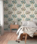 Premium Midcentury Modern Wallpaper With Dang Solid Durability And A Killer Matte Linen Texture PVC Free Paste To Paper Commercial Wallcovering For Kitchens Baths Hallways in a bedroom with palm tree design.