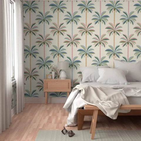 Premium Midcentury Modern Wallpaper With Dang Solid Durability And A Killer Matte Linen Texture PVC Free Paste To Paper Commercial Wallcovering For Kitchens Baths Hallways in a bedroom with palm tree design.