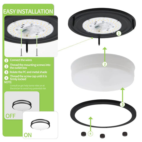 Installation guide for 10 Inch Flush Mount LED Ceiling Light Dimmable 2200 Lumen 24W 3000K 4000K 5000K Black Two Pack.