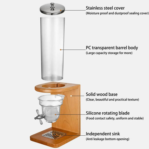 Rock Solid Three Barrel Grain Dispenser For The Kitchen Counter With Smooth Pour Valves And Sturdy Sapelli Wood Base Holds 12 Liters Of Coffee Beans Or Snacks A Total Game Changer For Mess Free Pantry Storage, transparent barrel, stainless steel cover, and wood base.
