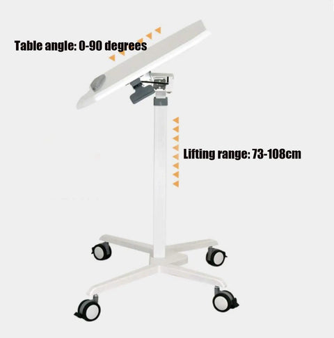 Top Shelf Rolling Laptop Desk With Smooth Moving Casters And Fully Adjustable Height That Tilts Zero To Ninety Degrees For Ultimate Home Office Setup Effortless Studying Or Kick Back Gaming Vibes Anywhere You Park It, side view showing adjustable height from 73 to 108cm.