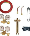 Ka 700 M Oxygen Acetylene Kit With Stubby Tips showing brass regulators, 12-foot hose, goggles, and precise flame control tools