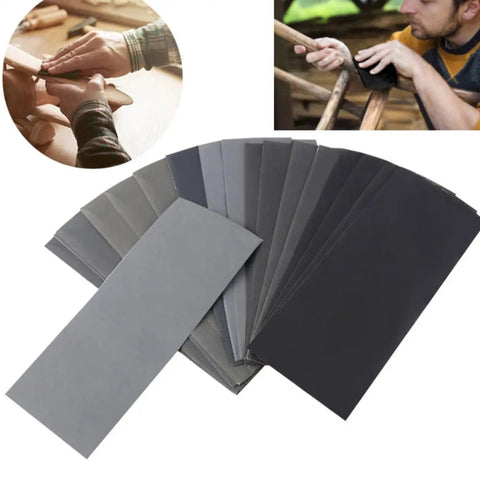 Jhknnk 5pc Premium Dry Wet Sandpaper Set featuring tear-resistant silicon carbide sheets laid out for use in metal and car paint sanding.