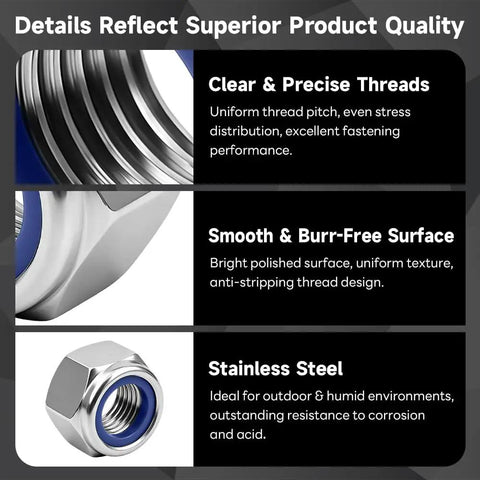 Premium Grade Top Shelf M18 2.5mm Hex Lock Nuts With Nylon Inserts 304 Stainless Steel Metric Fasteners close-up of thread detail.