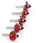 Top Shelf Tungsten Carbide Router Bit Set Featuring Hella Tough 6Mm Shank And 35 Precision Woodworking Cutters locked in a wooden case, five red router bits visible.