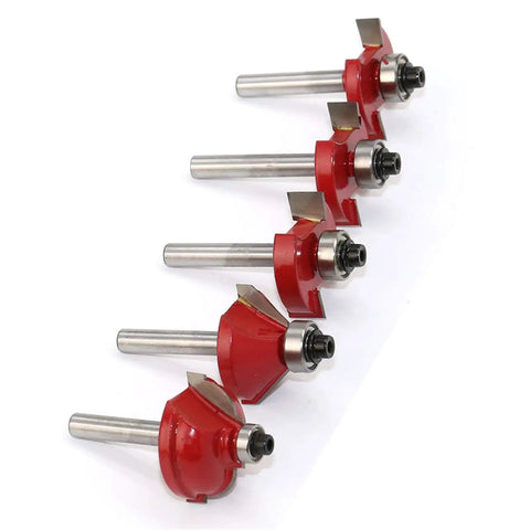 Top Shelf Tungsten Carbide Router Bit Set Featuring Hella Tough 6Mm Shank And 35 Precision Woodworking Cutters locked in a wooden case, five red router bits visible.