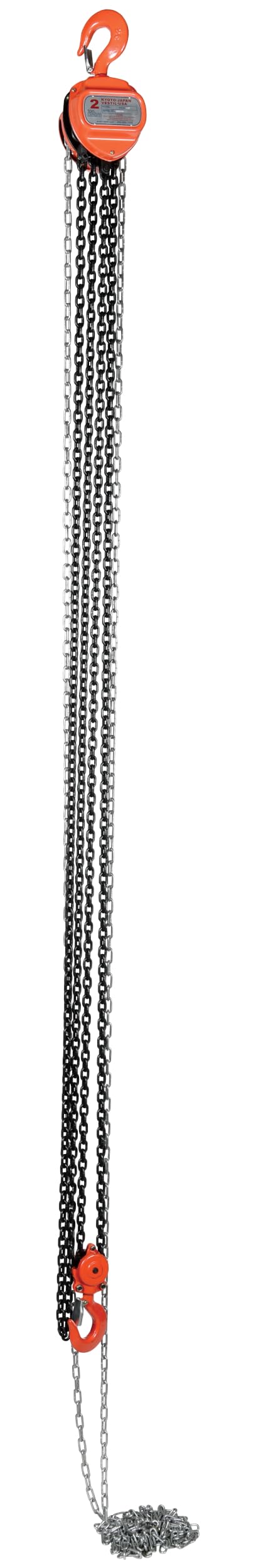 Heavy Duty Manual Chain Hoist For Industrial Use 15 Ft Lift 4000 Lb Capacity Grade 80 Chain Stamped Steel Housing Orange Finish Meets ASME ANSI B30 16