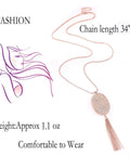 Long Layered Necklace Set For Women With Oval Disk Pendant And Tassel Fringe Y Shape Necklace In Rose Gold