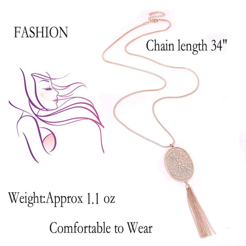 Long Layered Necklace Set For Women With Oval Disk Pendant And Tassel Fringe Y Shape Necklace In Rose Gold