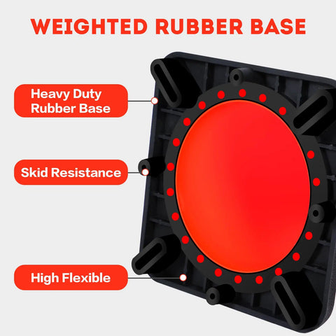 Heavy duty black rubber base of 28 Inch Orange PVC Traffic Cones Eight Pack With Heavy Duty Black Bases And Reflective Collars For Parking Lots Driveways And Road Safety Durable Weatherproof Easy Stack Ideal For Construction Sites.