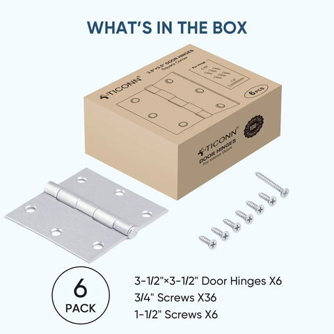 Image of Six Pack Three And A Half Inch Door Hinges With Removable Pin Matte Black Five Eighth Radius Easy Install For Residential Interior Doors Bifold Doors Steel Construction Pre Lubricated For Quiet Operation, showing hinges and screws set.
