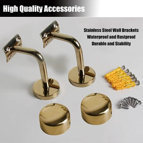 Dang Sleek Clear Acrylic Stair Handrail With Polished Gold Brackets - Two gold stainless steel wall brackets with hardware.