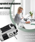 Woman using 2024 Upgrade Waist Clip Fan Portable Personal Body Cooler with manganese steel clamp at a desk.
