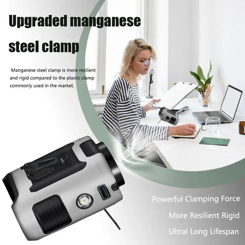 Woman using 2024 Upgrade Waist Clip Fan Portable Personal Body Cooler with manganese steel clamp at a desk.