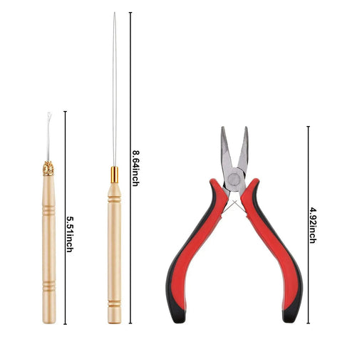 Hair Extensions Tools Kit With Plier Hook Needle Tool And 600 Silicone Micro Beads For Micro Bead Weaving Tinsel Beads Set For DIY Hair Extensions Easy Pulling And Hooking Pro Grade Bead Bonding Kit, 5.51in hook needle, 8.64in threader, 4.92in plier