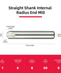 2 Flute HSS Corner Rounding End Mill With 8mm Shank, 6mm Cutting Diameter, 60mm Total Length, for precise mould milling.