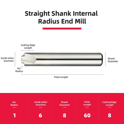 2 Flute HSS Corner Rounding End Mill With 8mm Shank, 6mm Cutting Diameter, 60mm Total Length, for precise mould milling.
