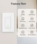 Smart WiFi Light Switch For Single Pole Wiring 2.4GHz Easy Setup Works With Alexa And Google Home Voice Control Neutral Wire Required UL Certified 120V 15A Max Not For 3 Way Lighting Includes 2 Pack shown with features like voice control and app control displayed.